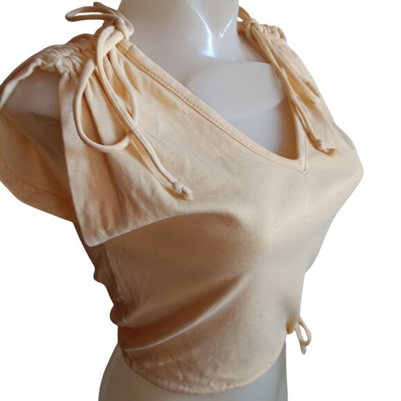 Small Vintage 80's Top Yellow V-Neck T-shirt Crop Ruched Shoulders Drawstring - Picture 2 of 7